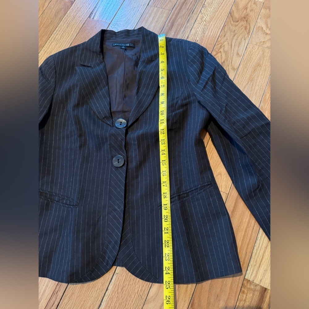 Lafayette 148 Blazer Brown Pinstripe 100% Linen 2 Button Career Jacket Women 10 - Picture 11 of 13